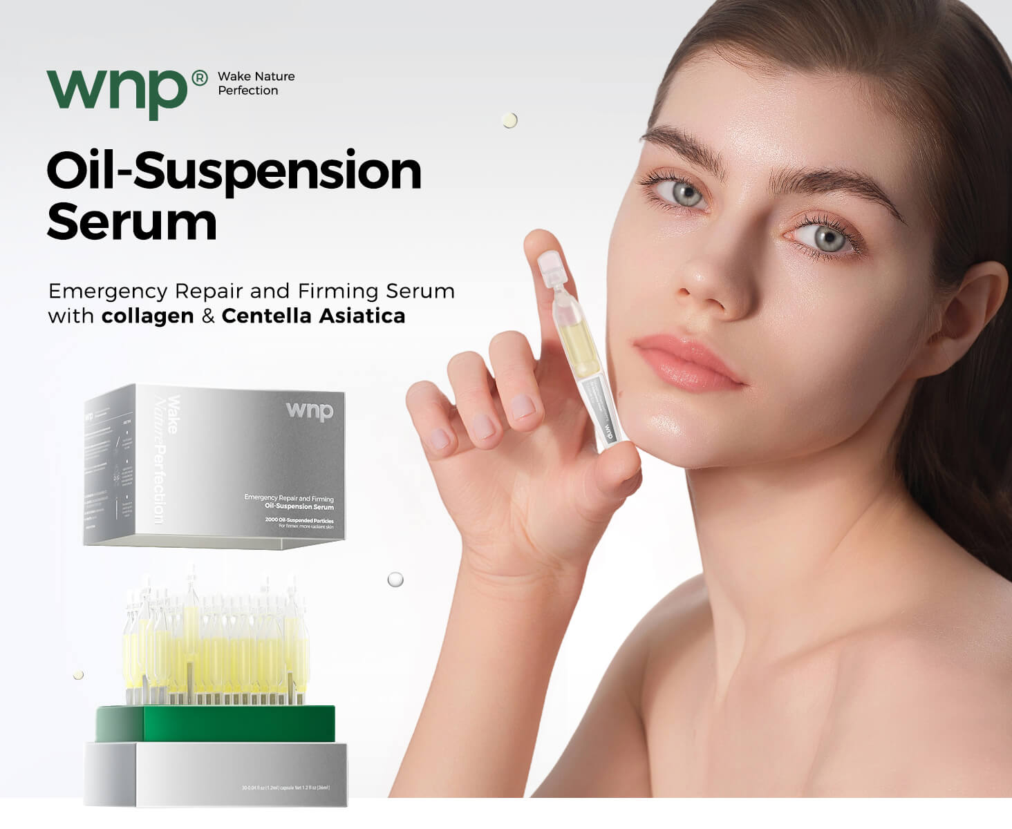 Woman holding a bottle of wnp Oil-Suspension Serum with product packaging displayed.
