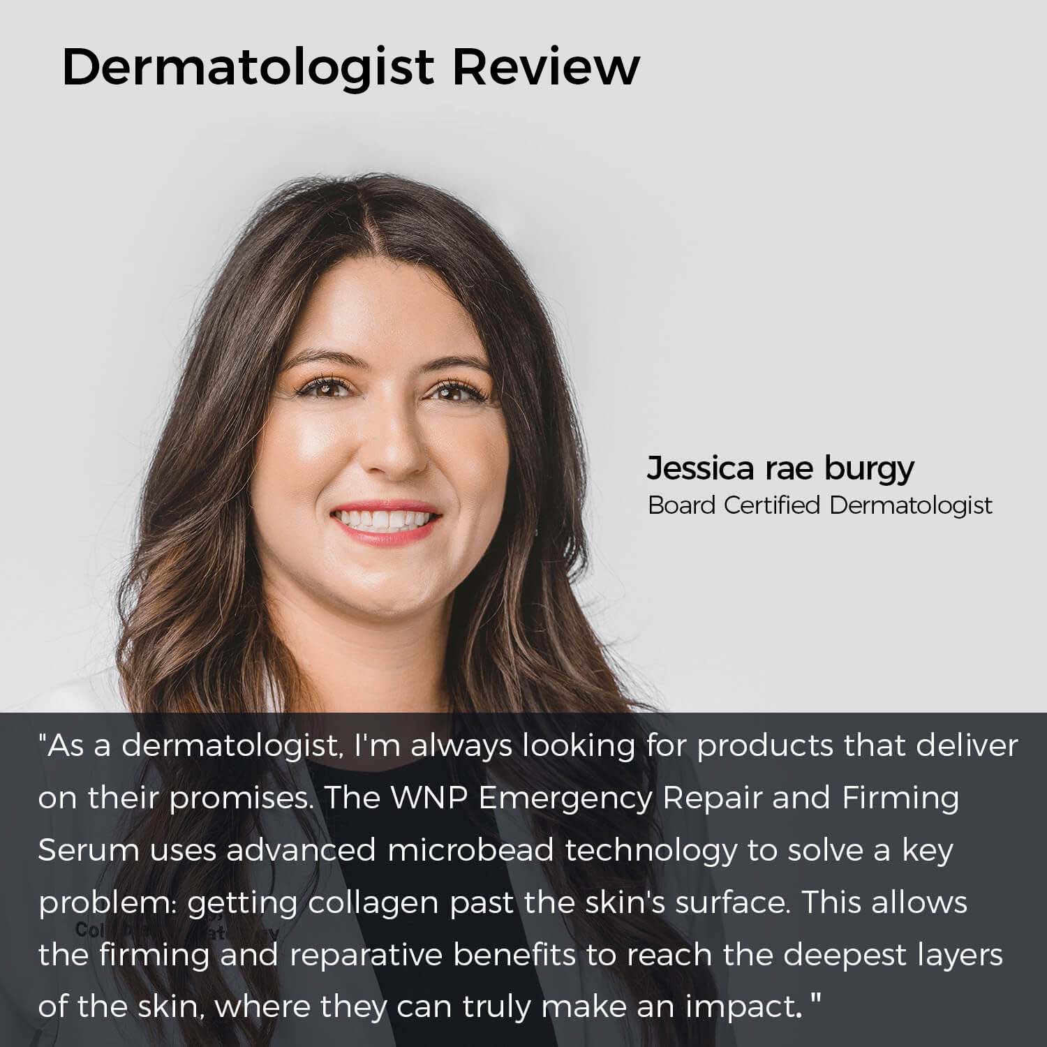 Woman with text overlay about a dermatologist review of a skincare product
