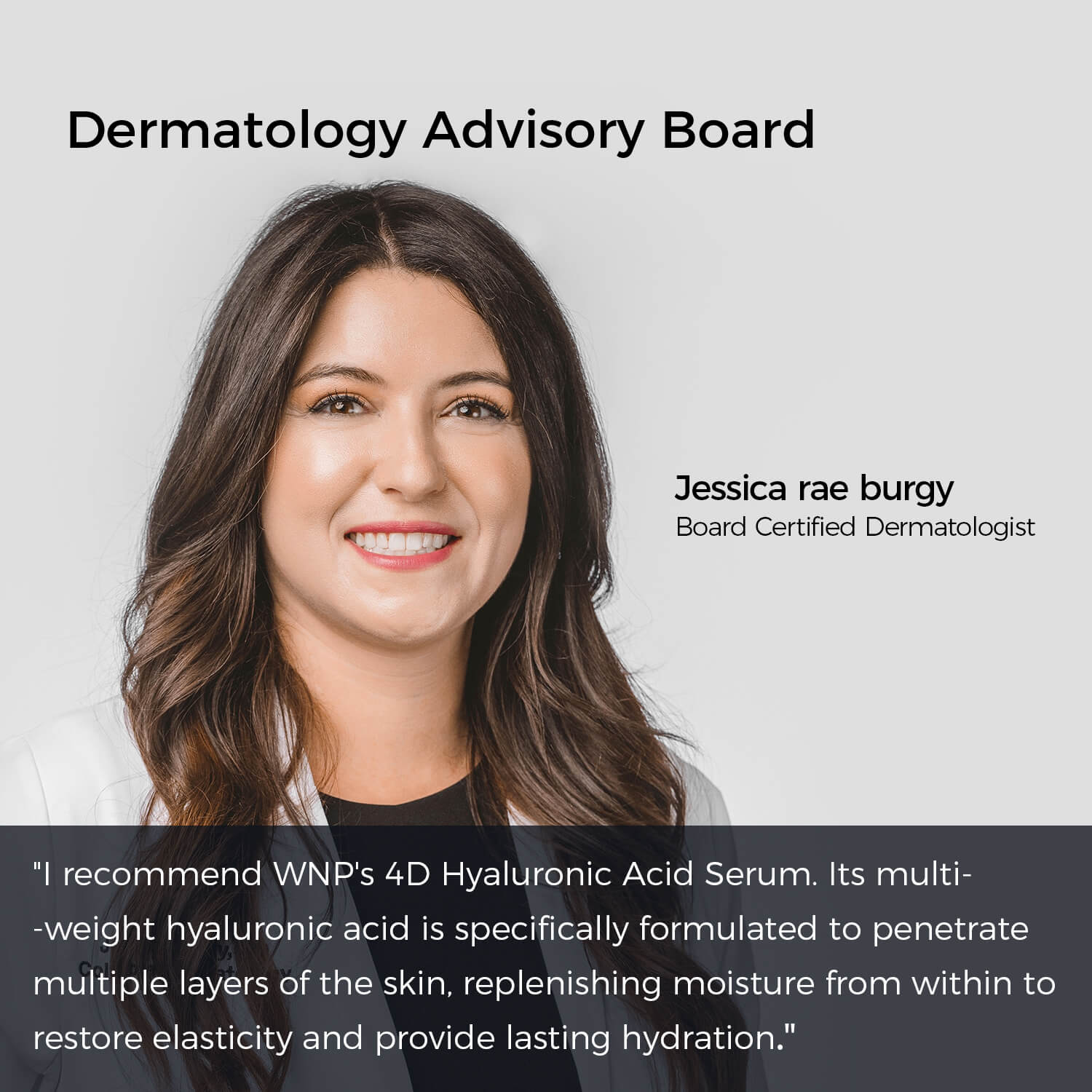 Woman with text about a dermatology advisory board and a skincare serum recommendation.