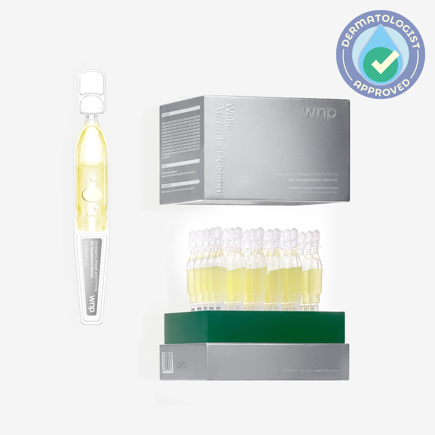 Skincare product set with ampoules and packaging on a white background, featuring a dermatologist-approved badge.