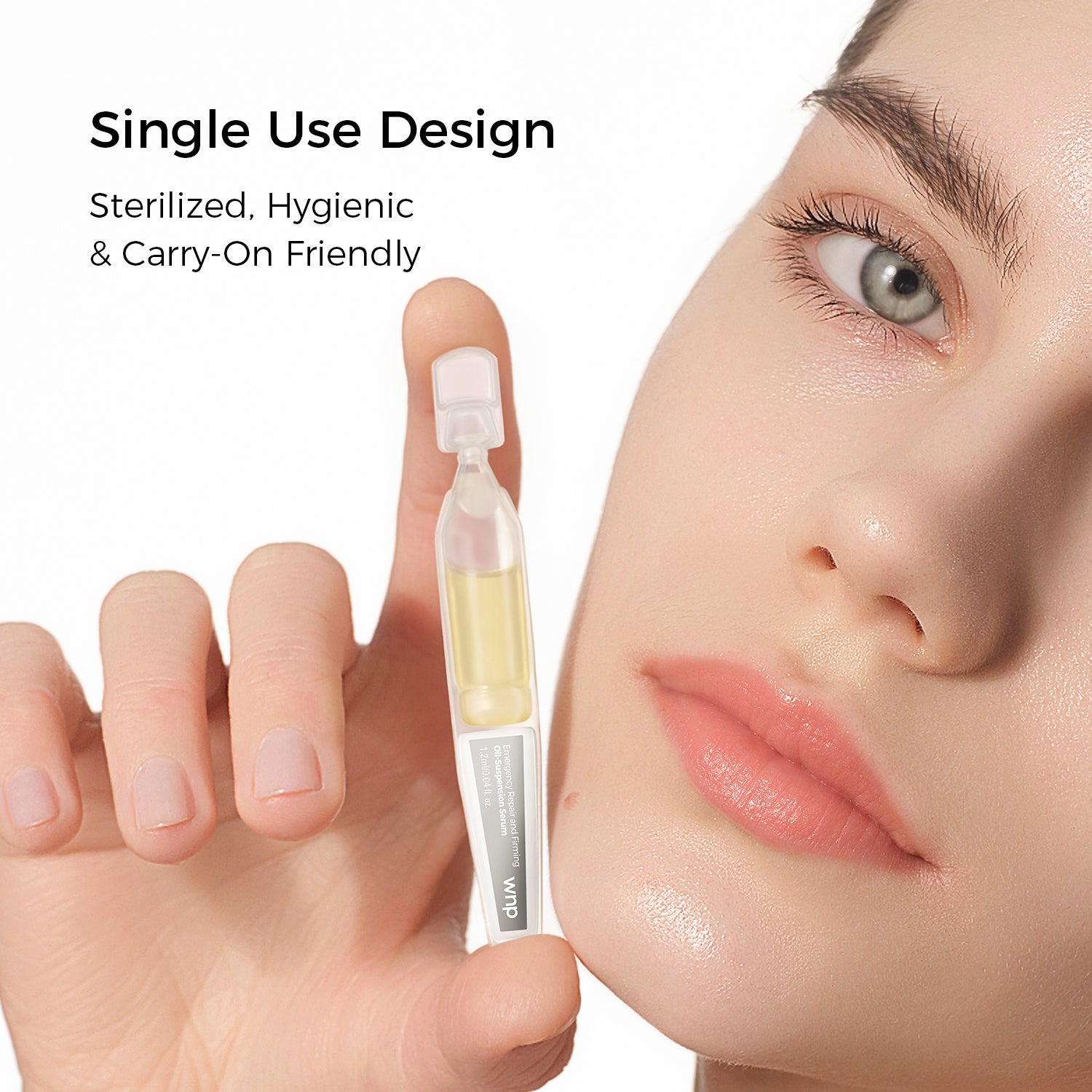 Hand holding a small container with a woman's face in the background, emphasizing single use design.