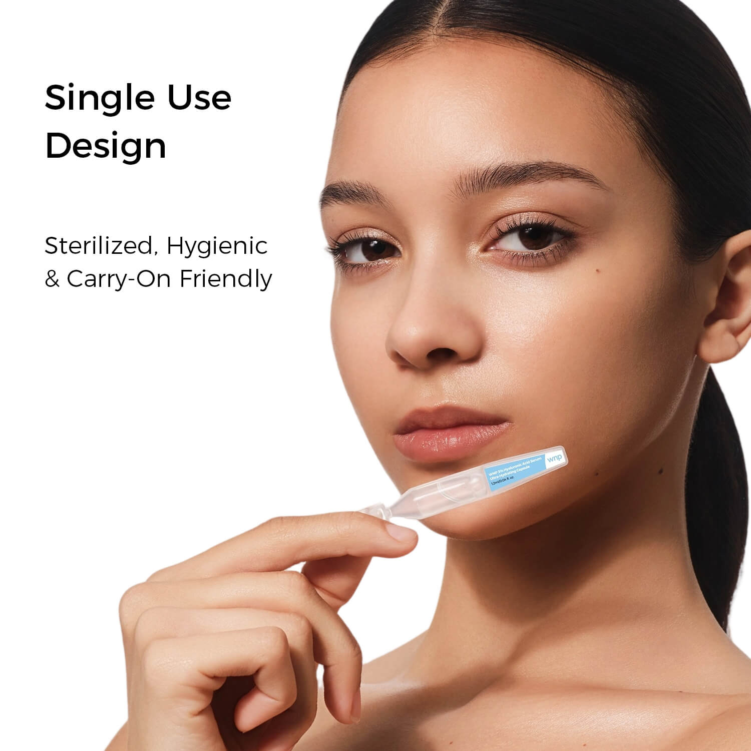 Woman holding a single-use product with text about sterilization and hygiene.