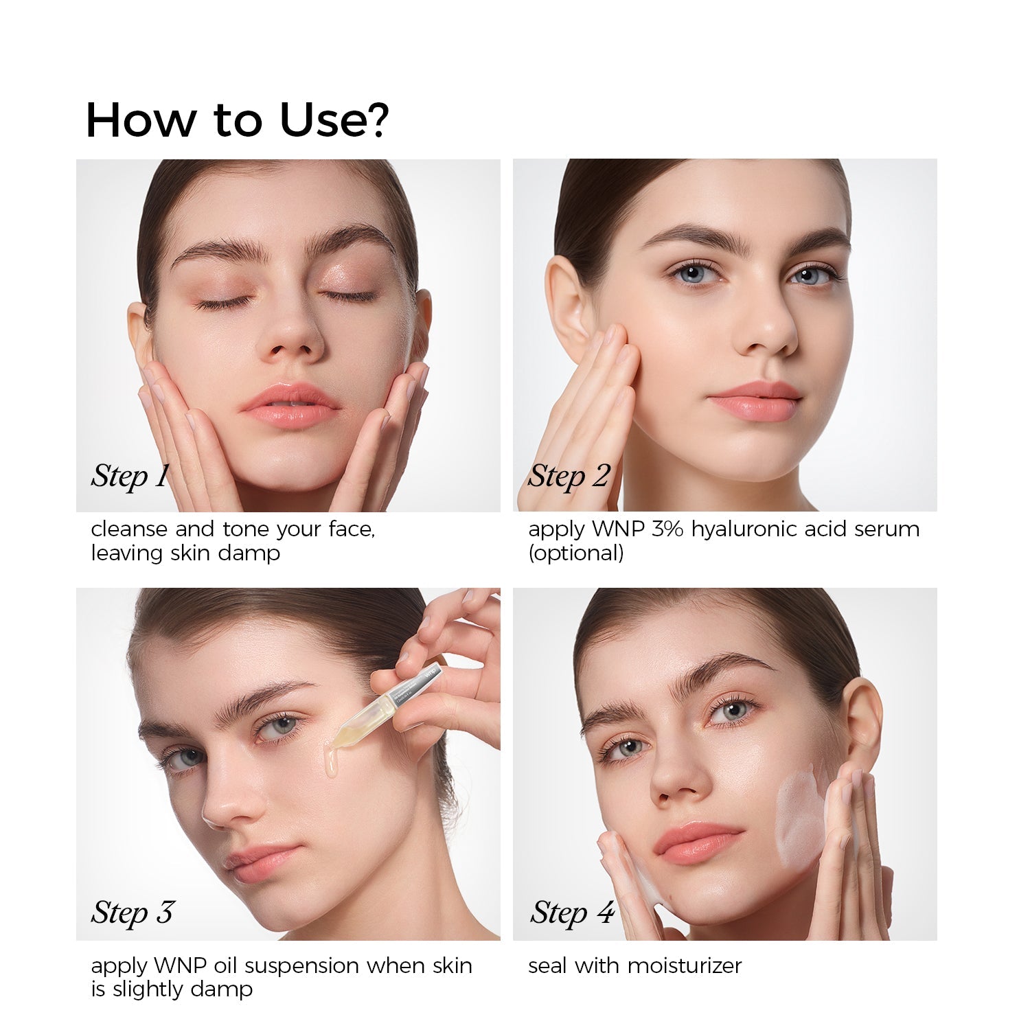 Step-by-step guide on how to use a skincare product with images of a woman applying it.