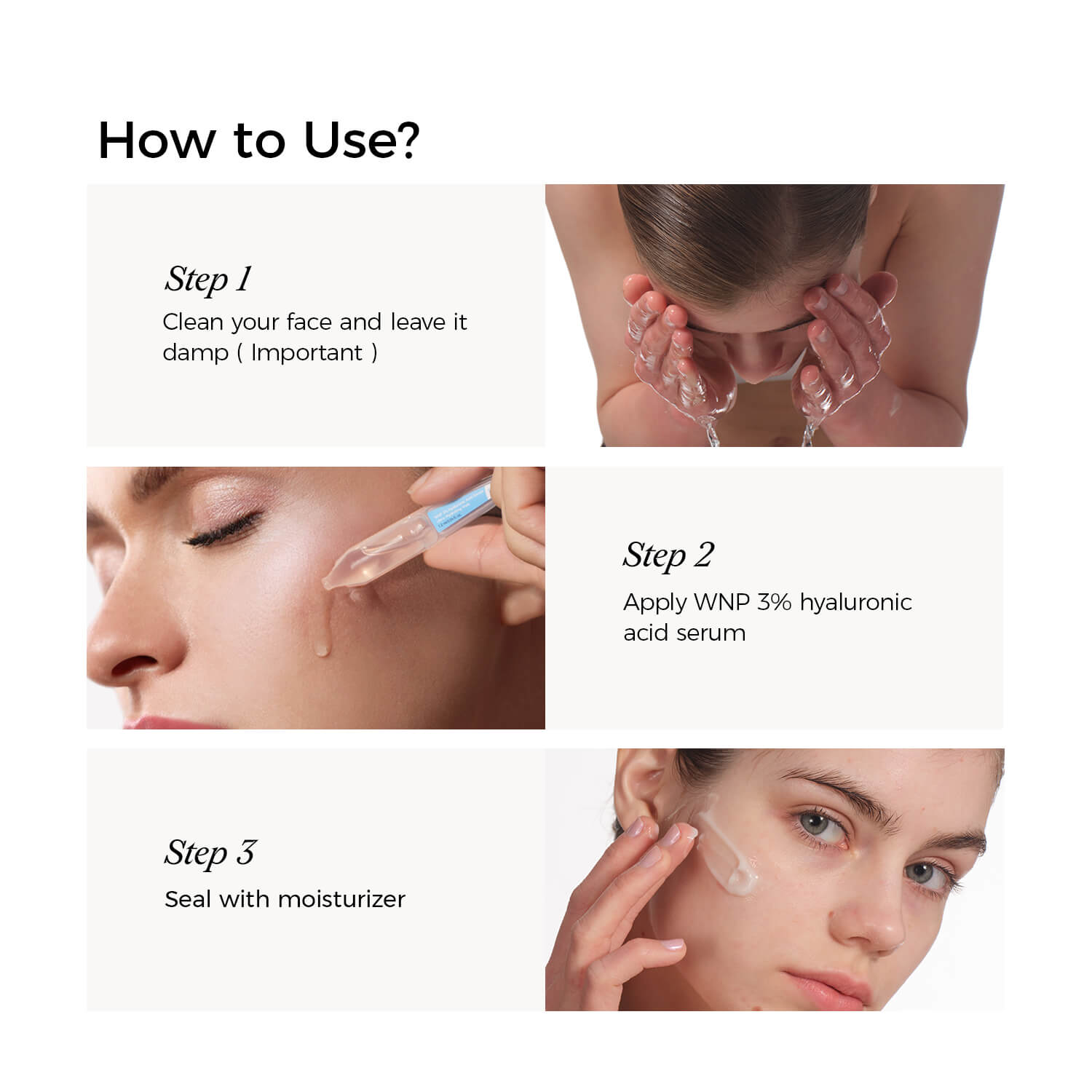 Step-by-step guide on how to use a skincare product with images of application and cleaning.
