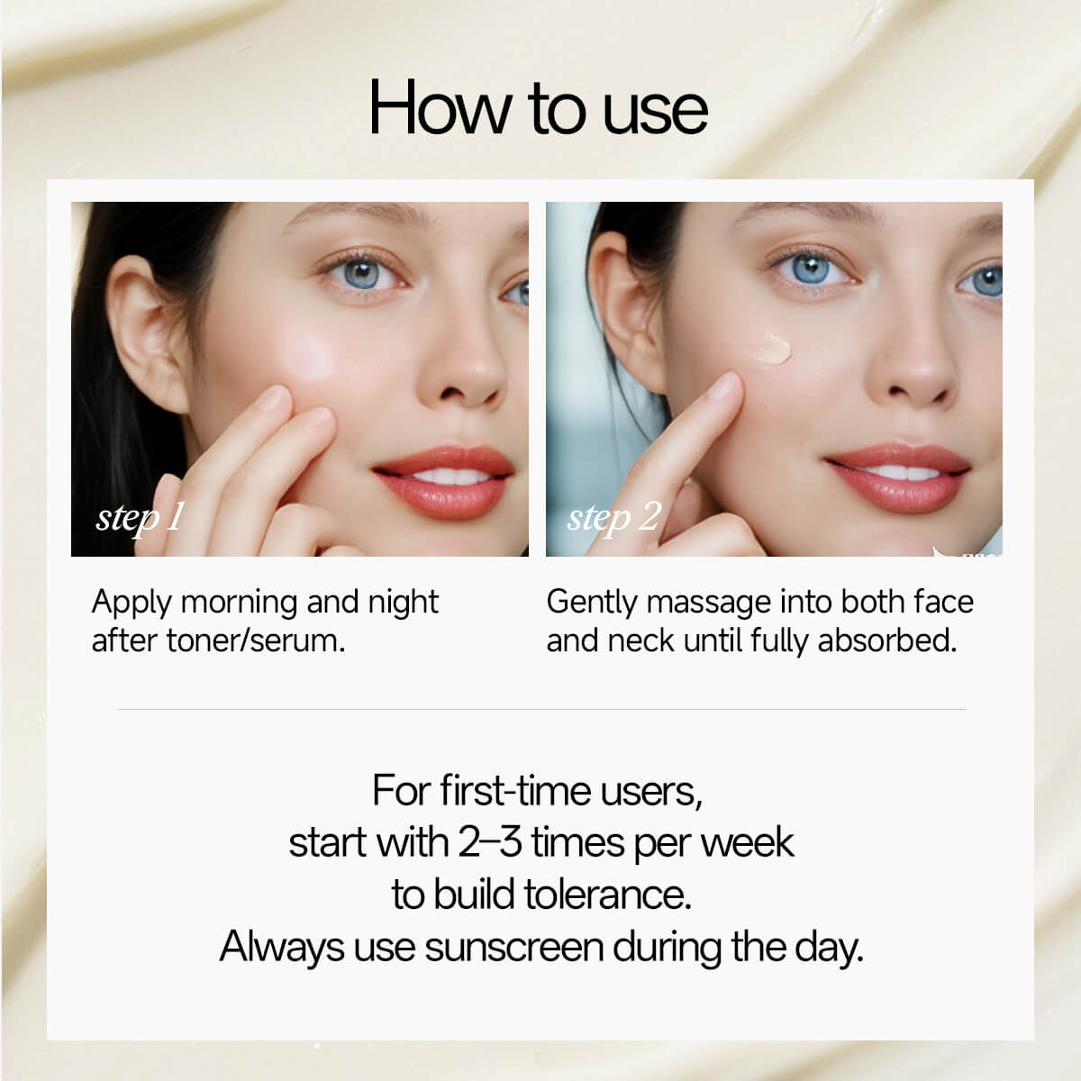 Instructions on how to use a skincare product with step-by-step guidance and images of a woman applying it.