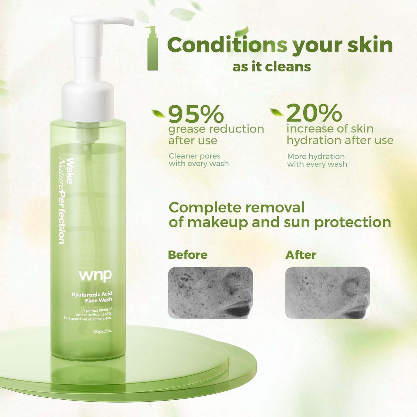 Green skincare product with text highlighting benefits on a light green background