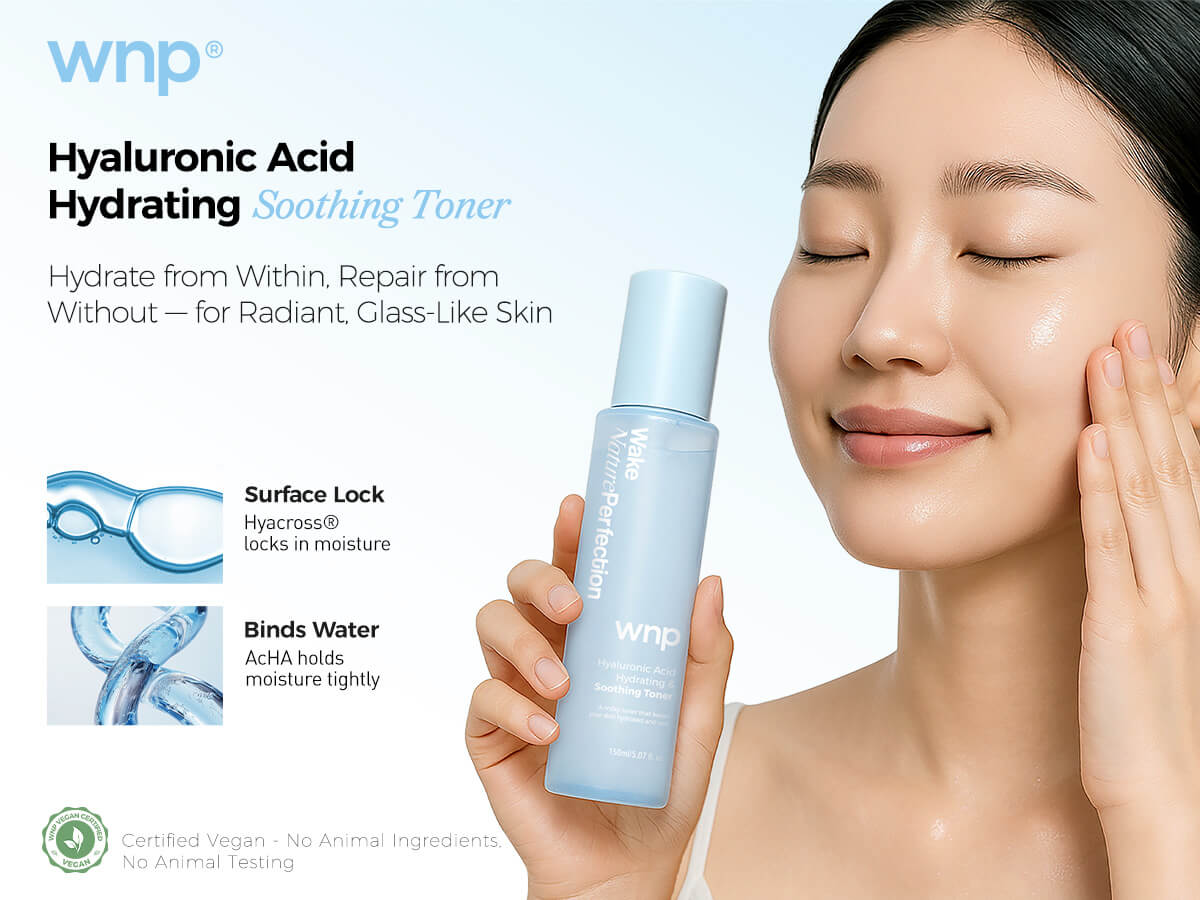 Woman holding a WNP toner bottle with product details on a light blue background