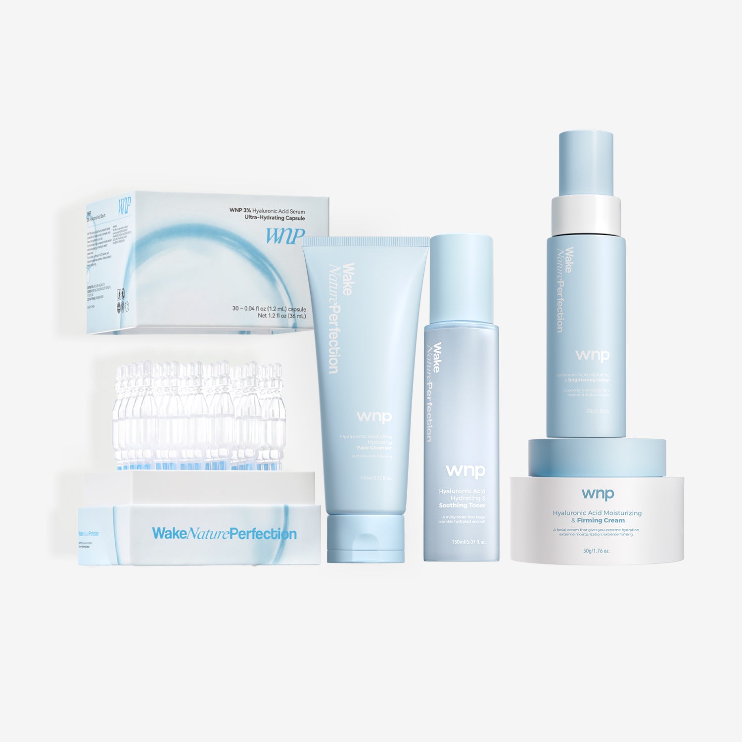 Set of skincare products with 'WNP' branding on a white background