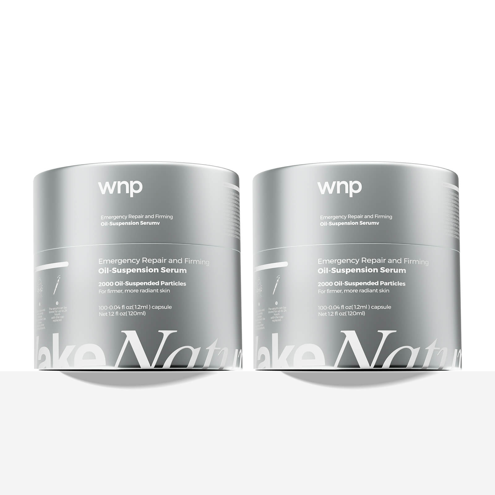 Two containers of wnp Emergency Repair and Firming Oil Suspension Serum on a white background