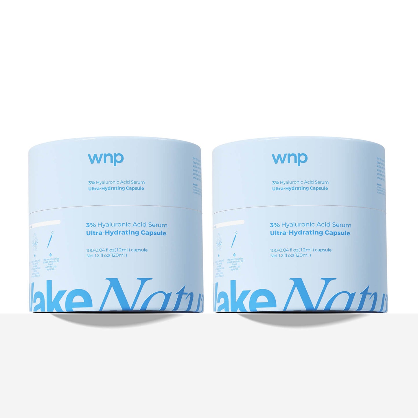 Two containers of WNP Lake Nature's 3% Hyaluronic Acid Serum on a white background