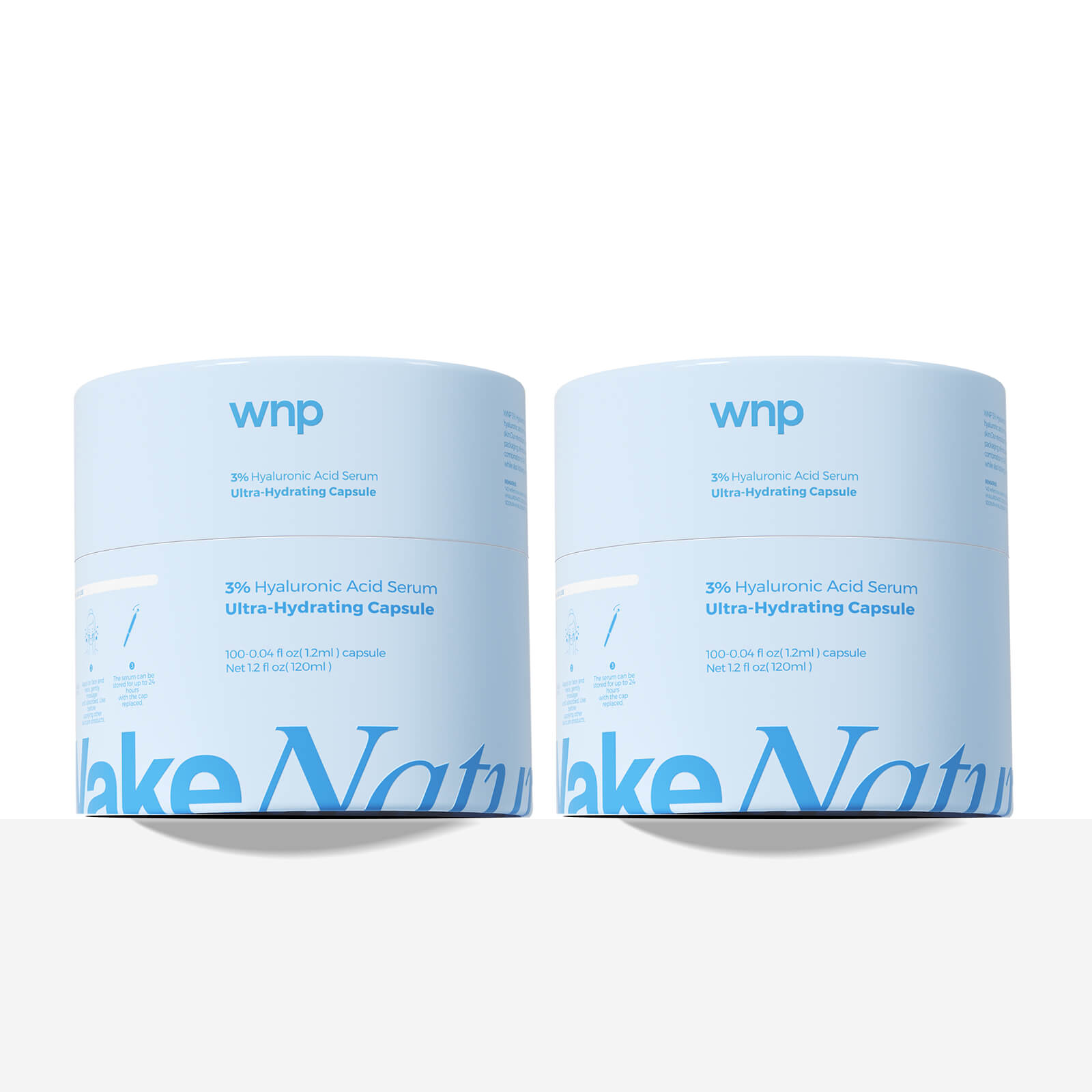 Two containers of WNP Lake Nature's 3% Hyaluronic Acid Serum on a white background