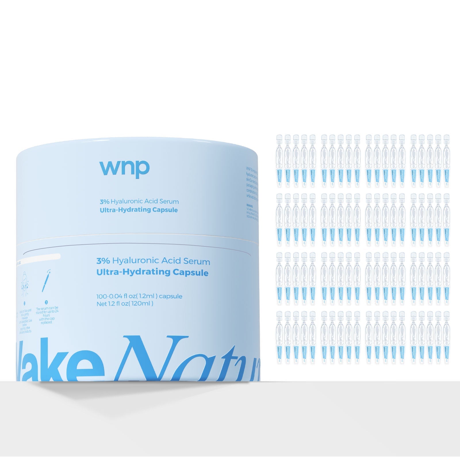 WNP skincare product with blue packaging and multiple capsules on a white background
