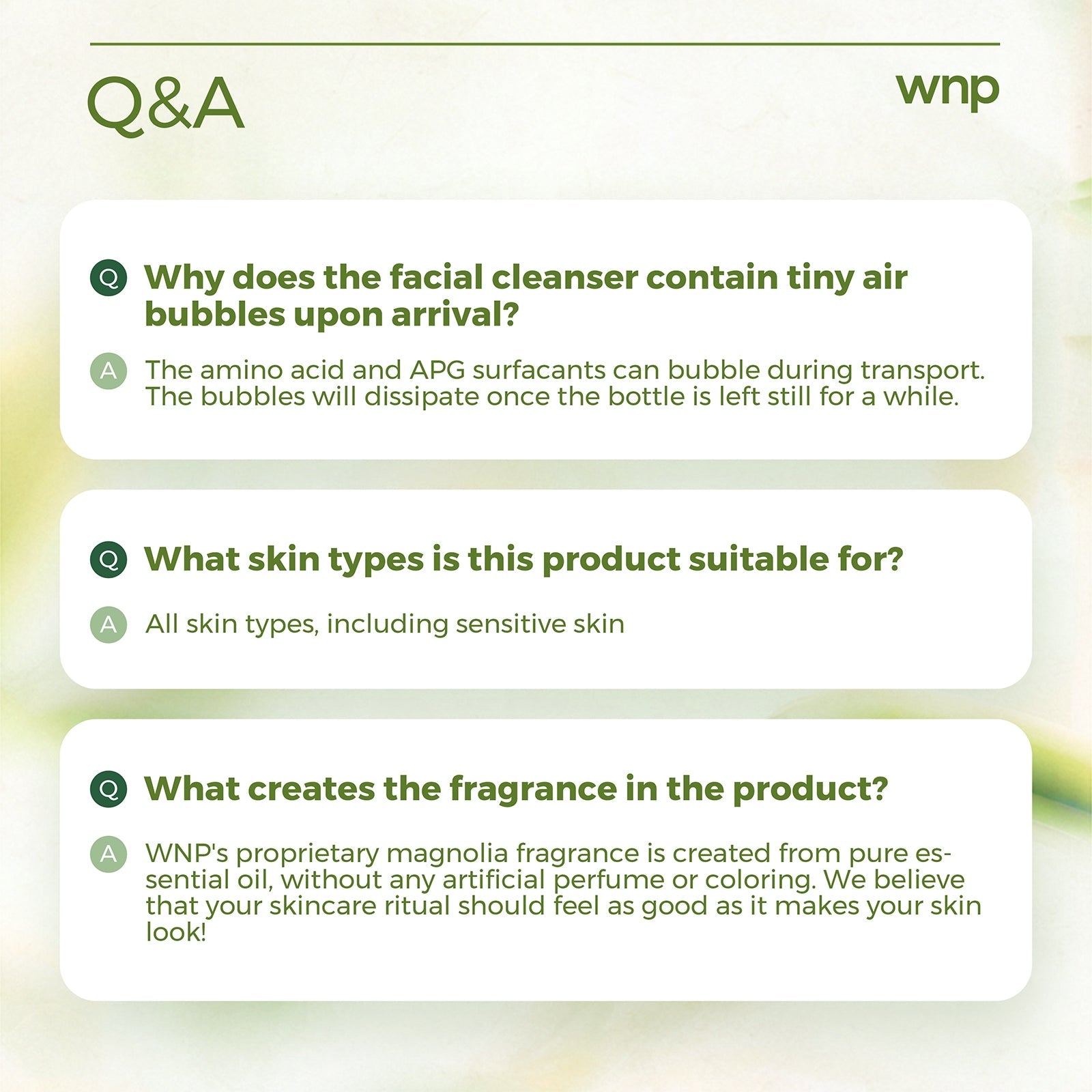Q&A section with product information on a light green background
