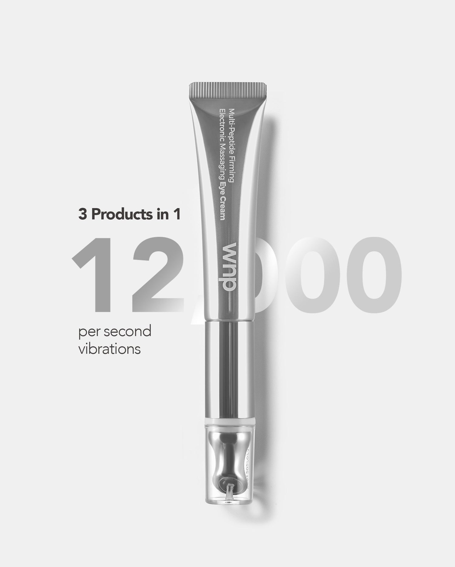 Skincare product with text indicating '3 Products in 1' and '12 per second vibrations' on a light gray background.