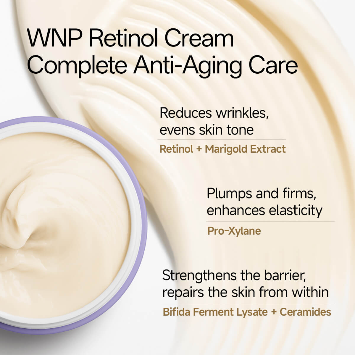 WNP Retinol Cream packaging with text highlighting its anti-aging benefits on a white background.