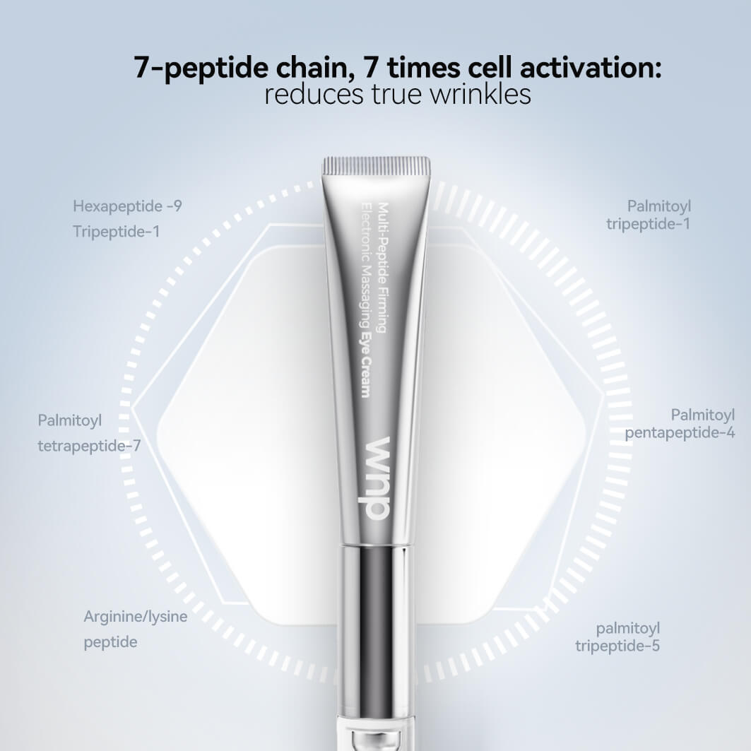 Skincare cream tube with peptide information on a light gray background
