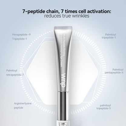 Skincare cream tube with peptide information on a light gray background