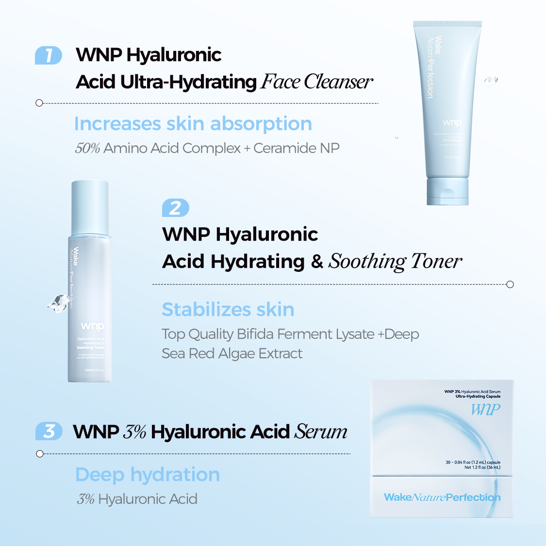 WNP Hyaluronic Acid skincare products with text on a white background
