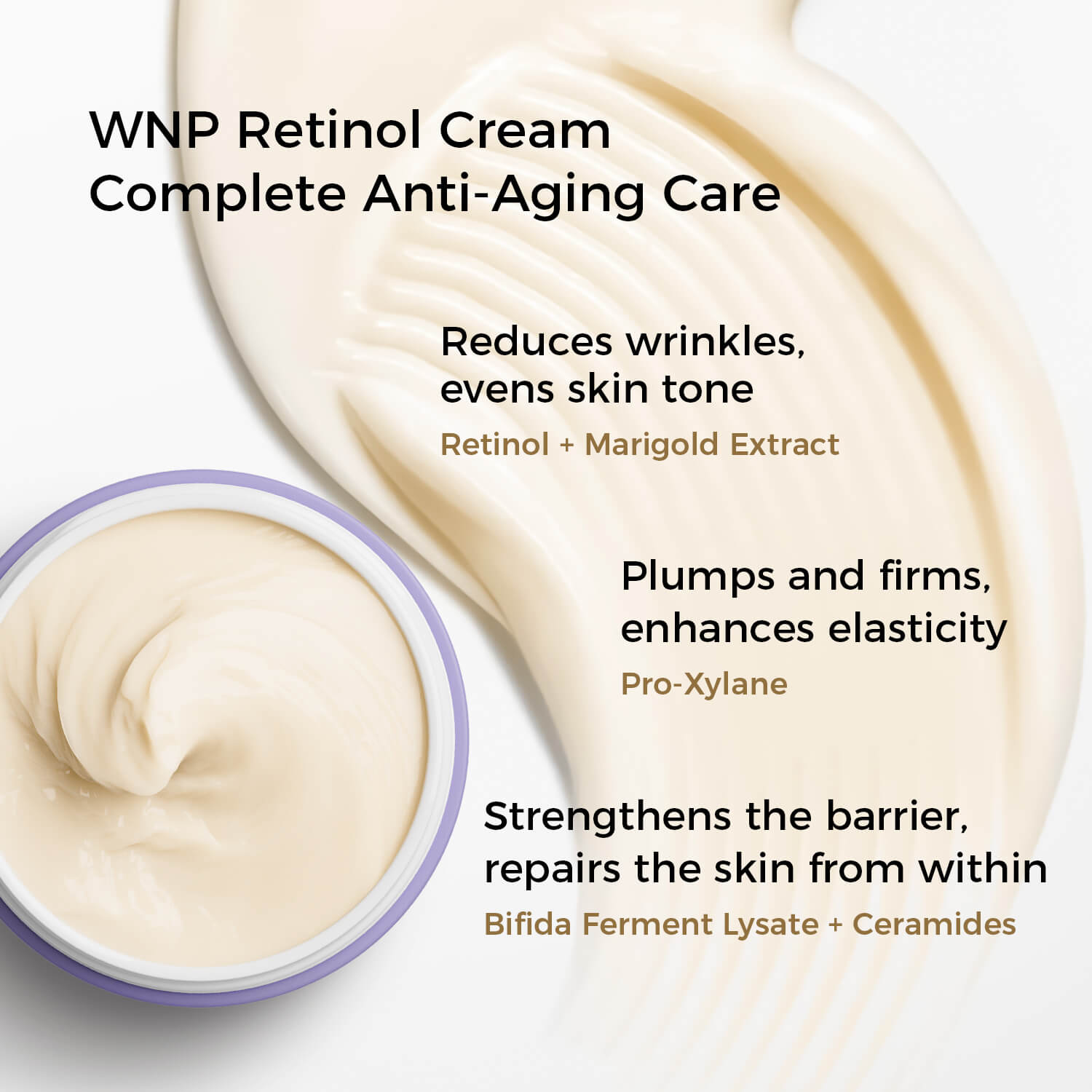 WNP Retinol Cream with text highlighting its benefits on a white background