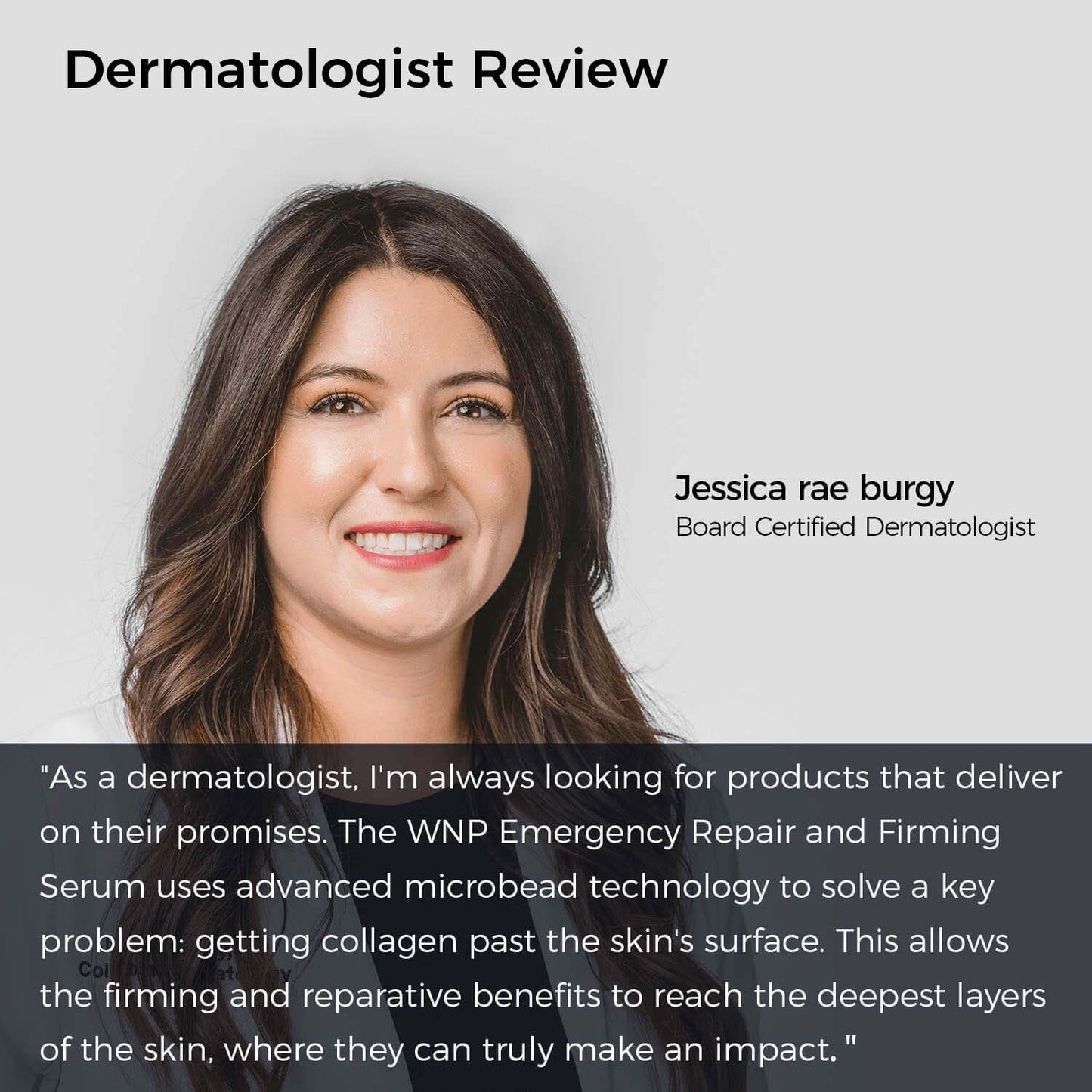 Woman with text overlay about a dermatologist review of a skincare product