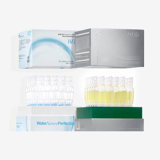 Wake Nature Perfecte skincare product packaging with ampoules
