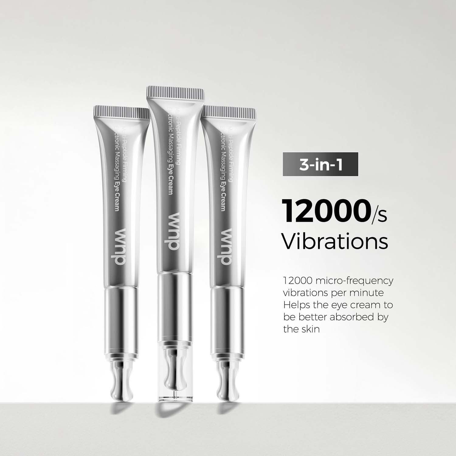 Three silver eye cream tubes with text on a light gray background
