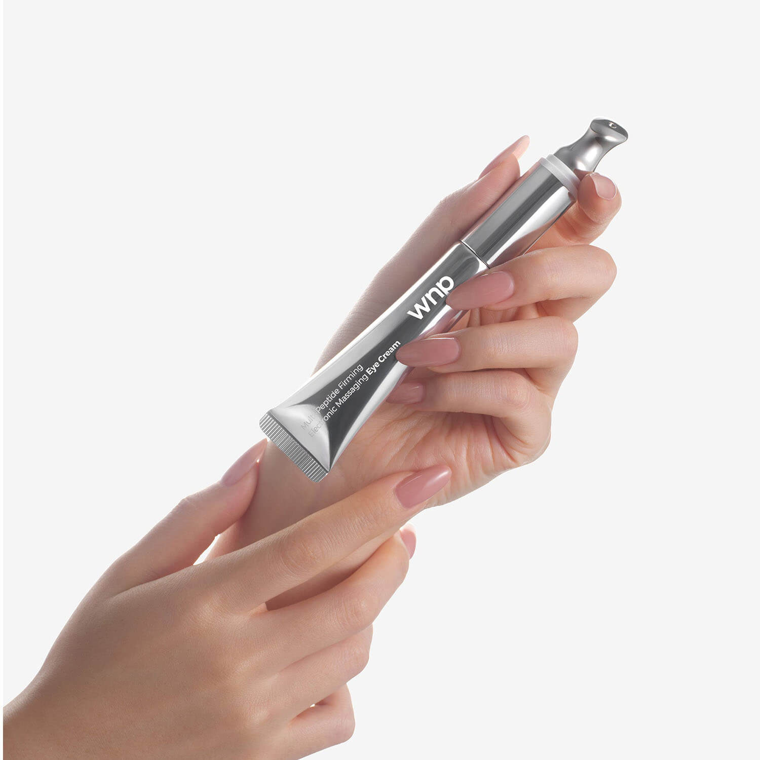 Hand holding a silver and black device with 'WHO' branding on a white background