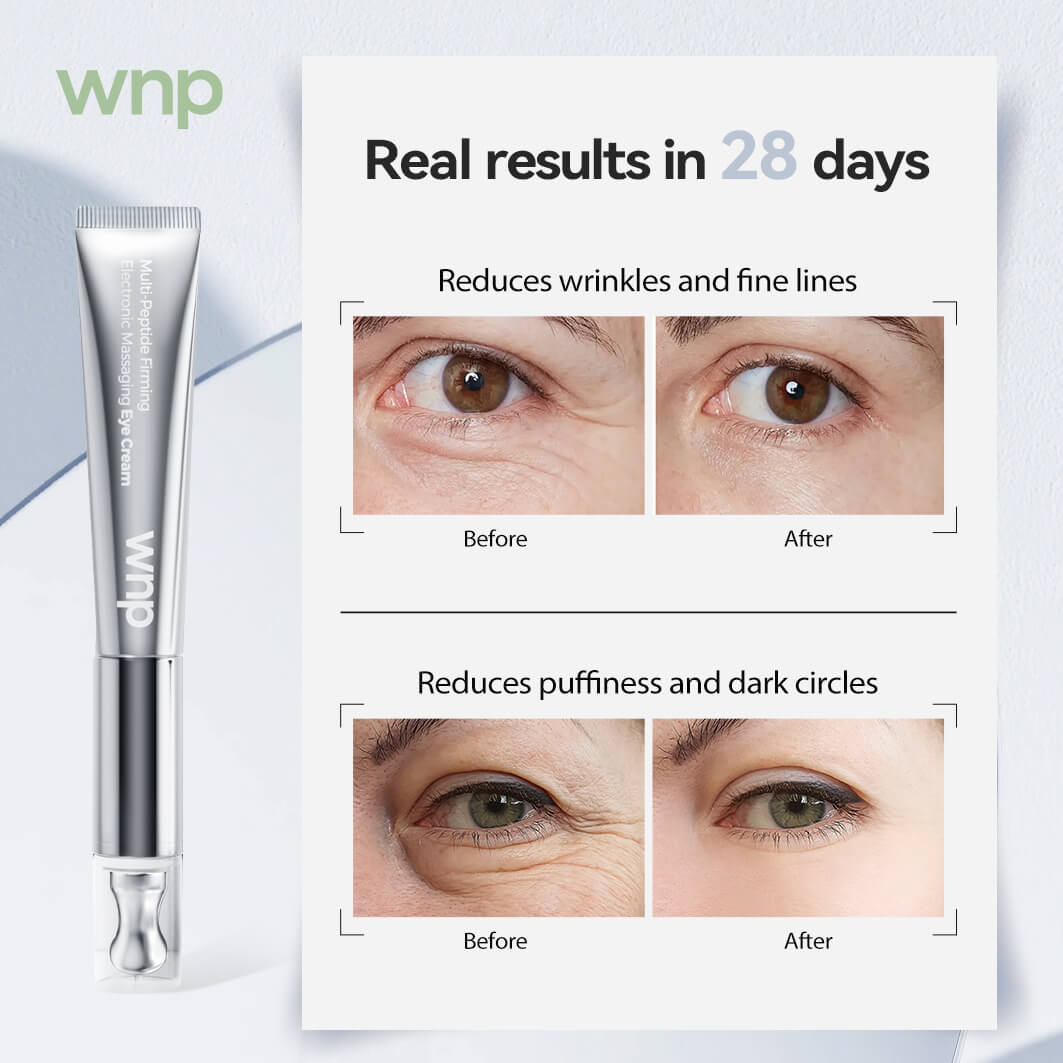 WNP eye cream with before and after effects on skin shown on a white background