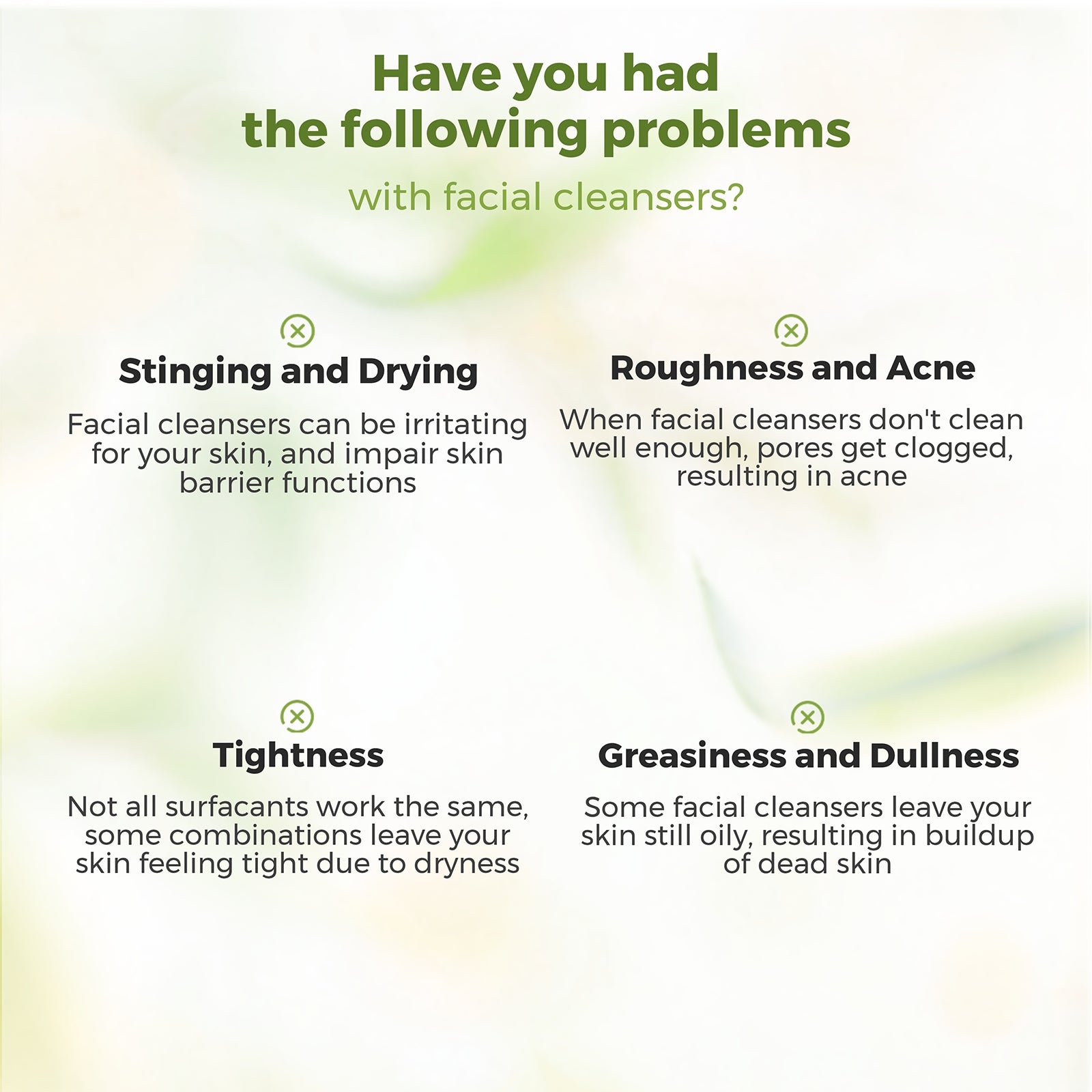 Text on facial cleanser issues with a green gradient background