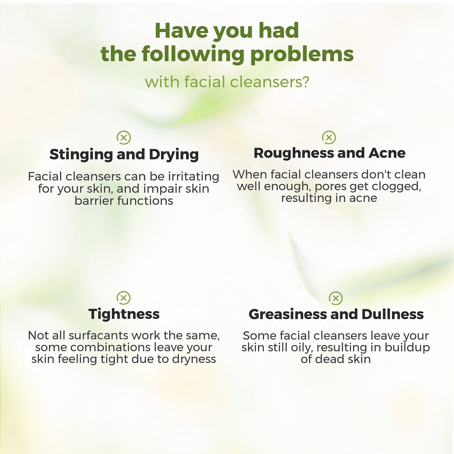 Text on facial cleanser issues with a green gradient background