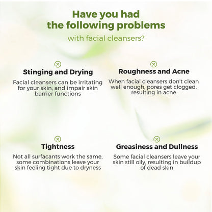 Text on facial cleanser issues with a green gradient background