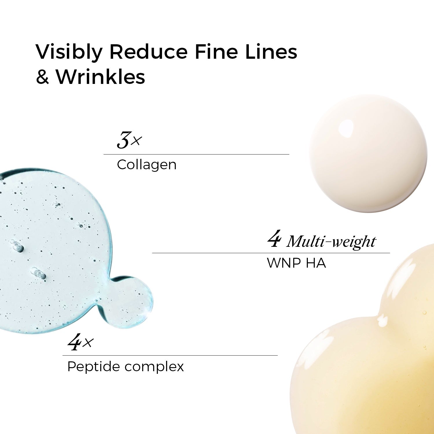 Cosmetic product with text highlighting ingredients for reducing fine lines and wrinkles on a white background.
