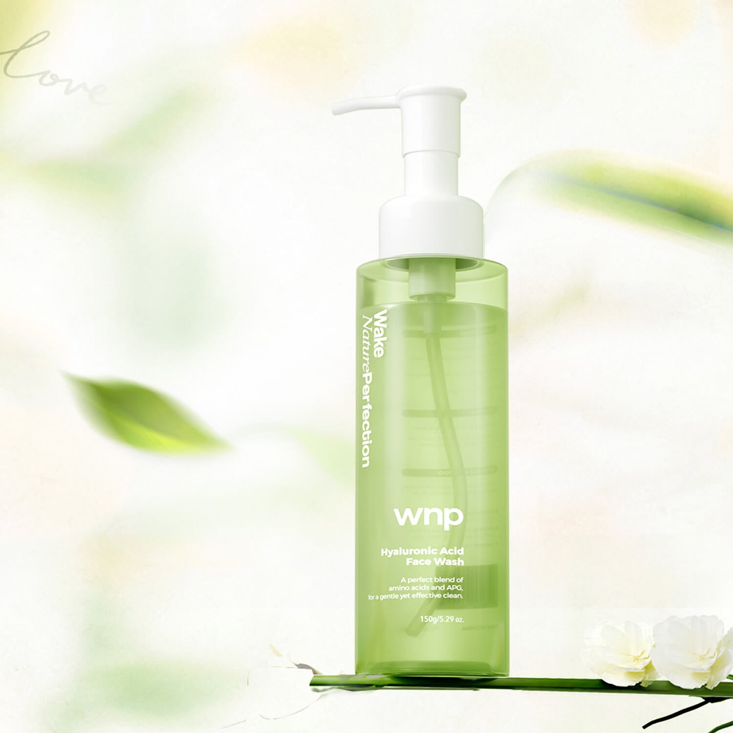 Green bottle of WNP Hydrating Acid Face Wash on a light green background with floral elements.