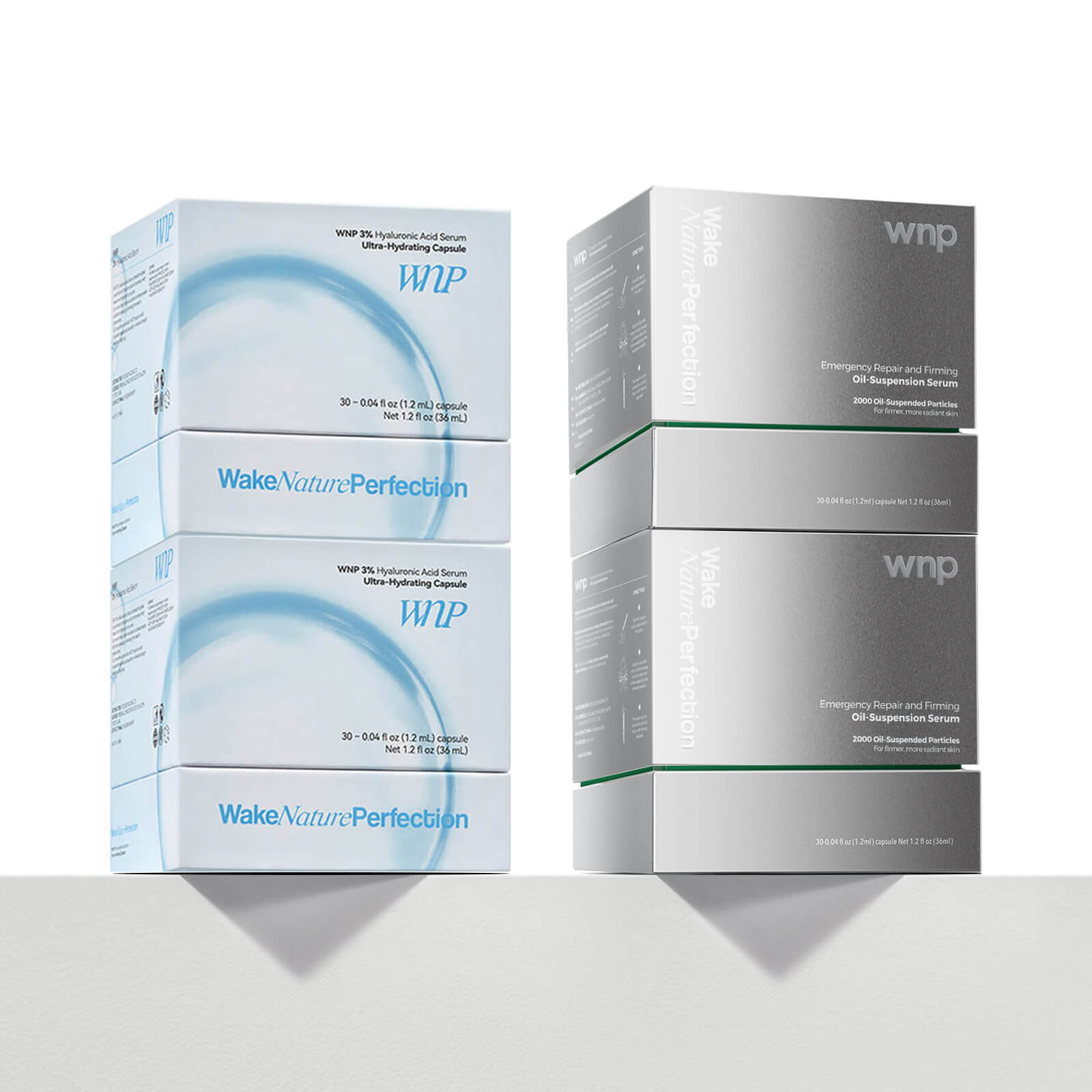 Two boxes of WNP skincare products on a white background