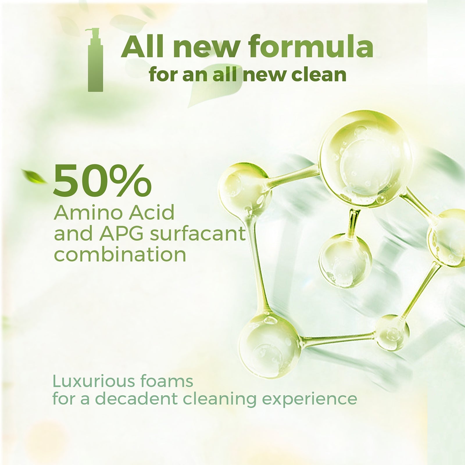 Advertisement for a cleaning product with molecular structure and text about formula and ingredients.