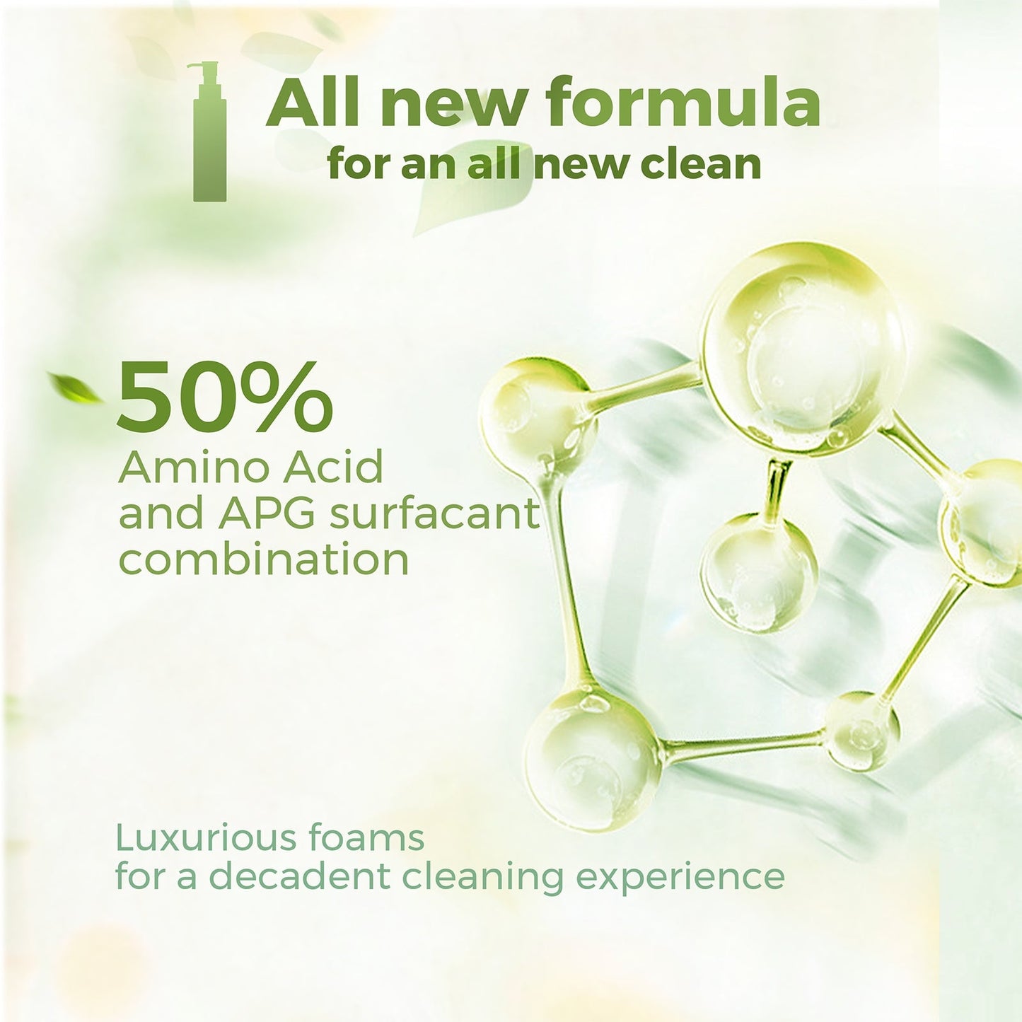 Advertisement for a cleaning product with molecular structure and text about formula and ingredients.