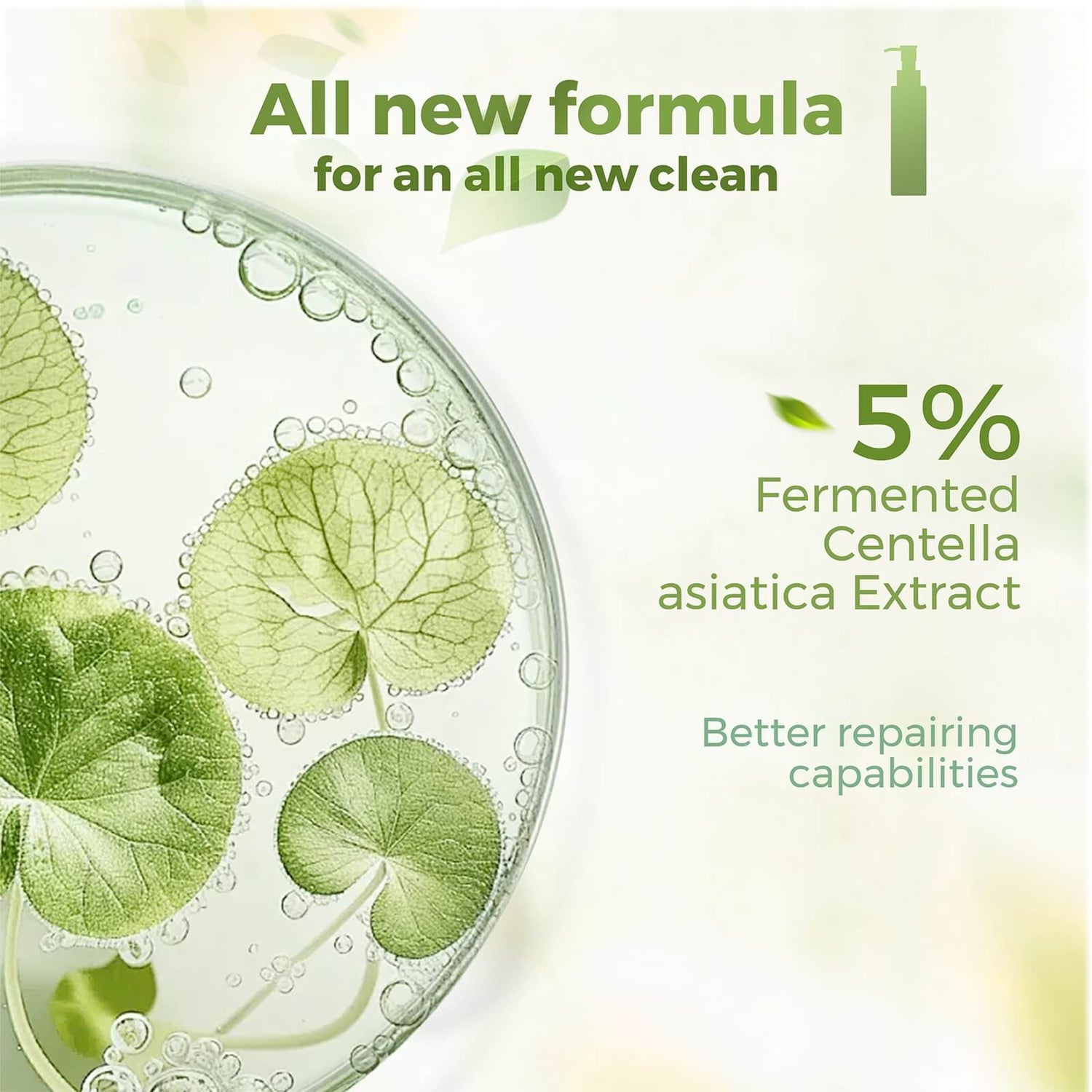 Product advertisement with green leaves and bubbles, highlighting a new formula with fermented Centella asiatica extract.