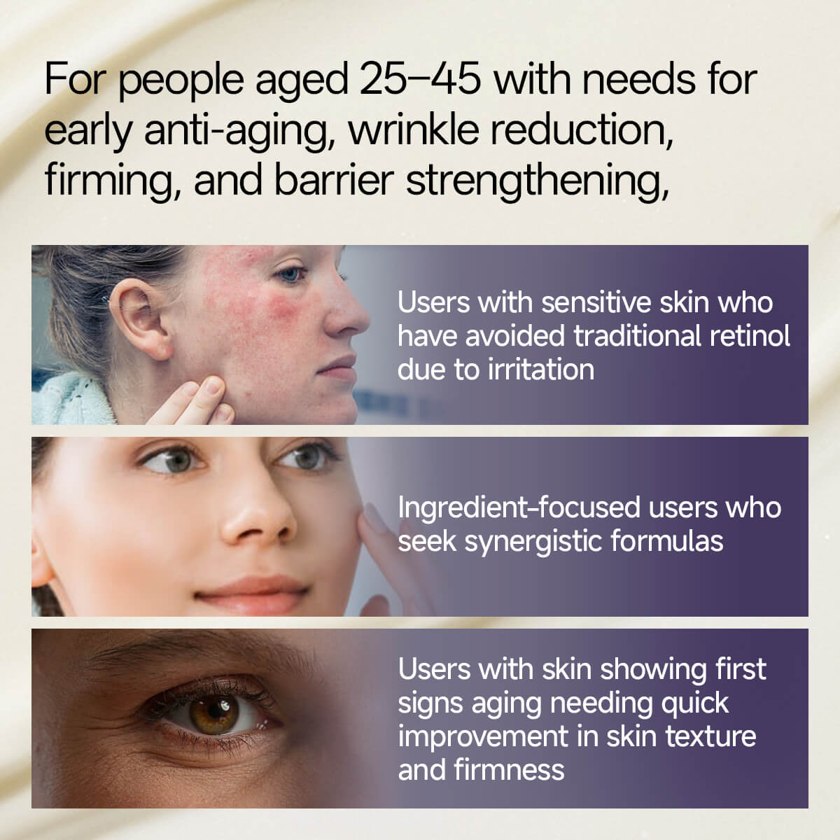 Product advertisement targeting users with specific skin needs and concerns.