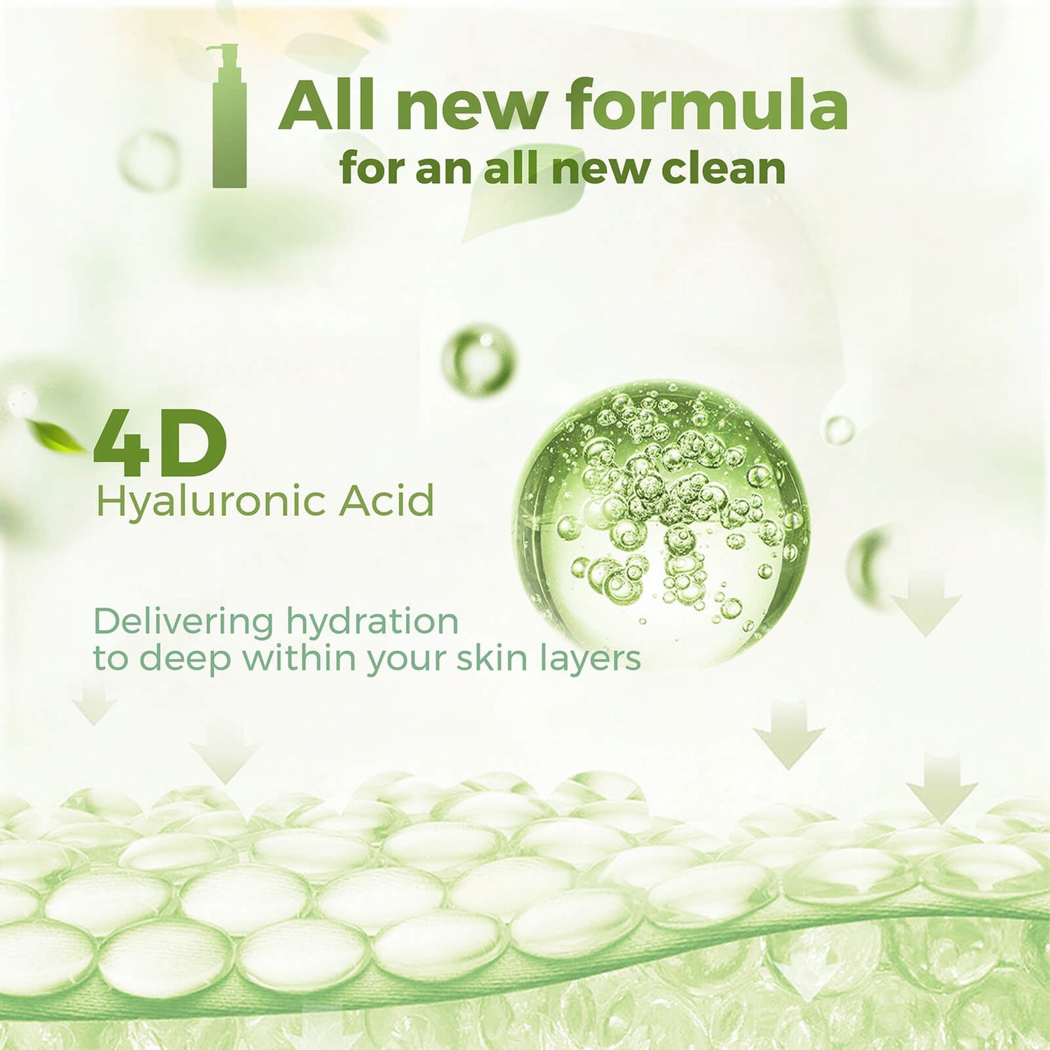 Advertisement for 4D Hyaluronic Acid skincare product with green text and imagery.
