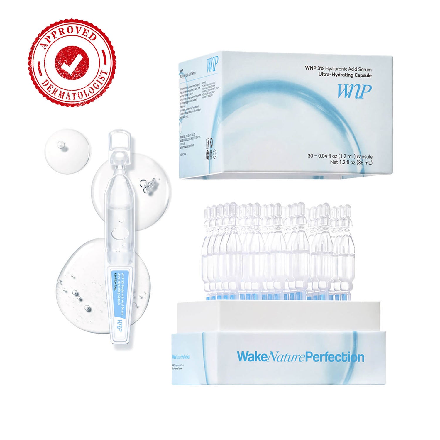 Skincare product set with 'Approved Dermatologist' stamp on a white background