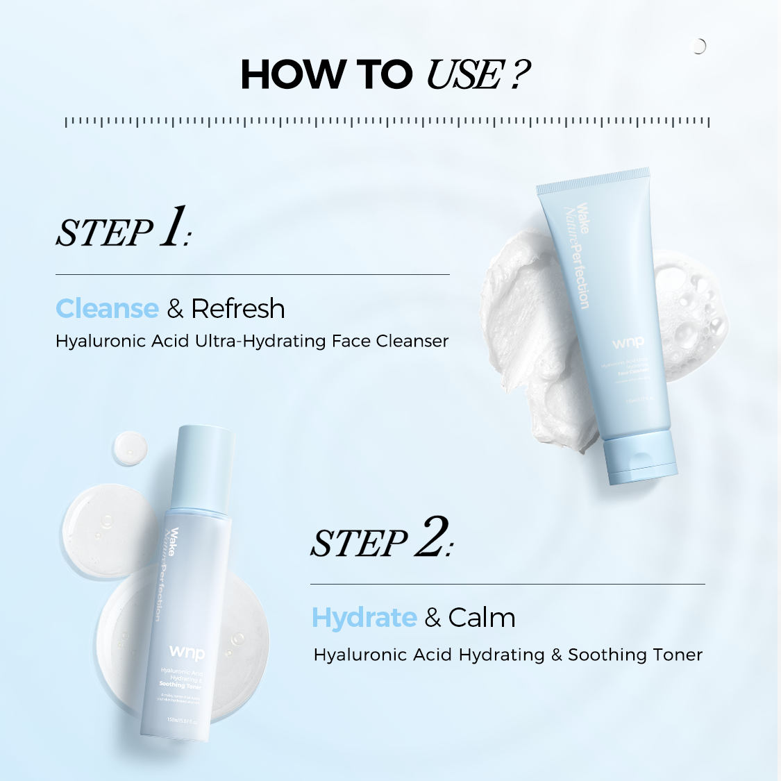 Skincare product guide with step-by-step instructions on a light blue background