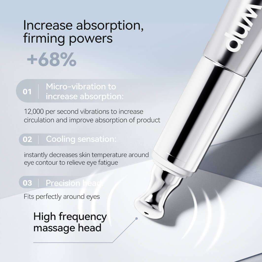 Dermabrasion tool with text on absorption and firming powers on a light blue background