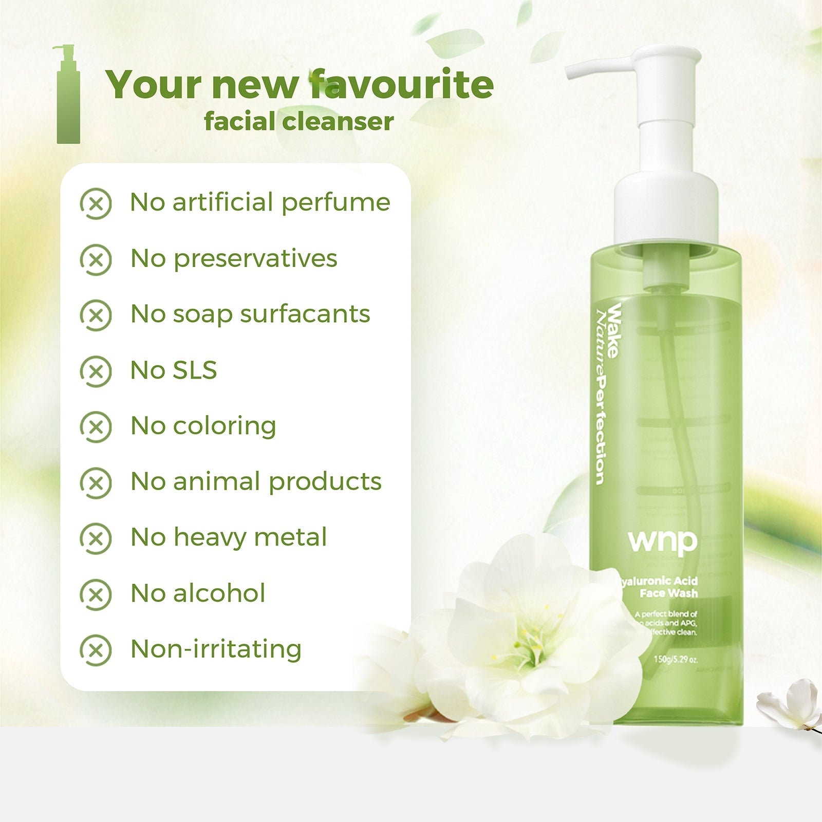 Green facial cleanser bottle with white pump on a light background, featuring WNP brand.