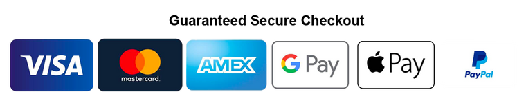 Logos of various payment methods on a white background with 'Guaranteed Secure Checkout' text.