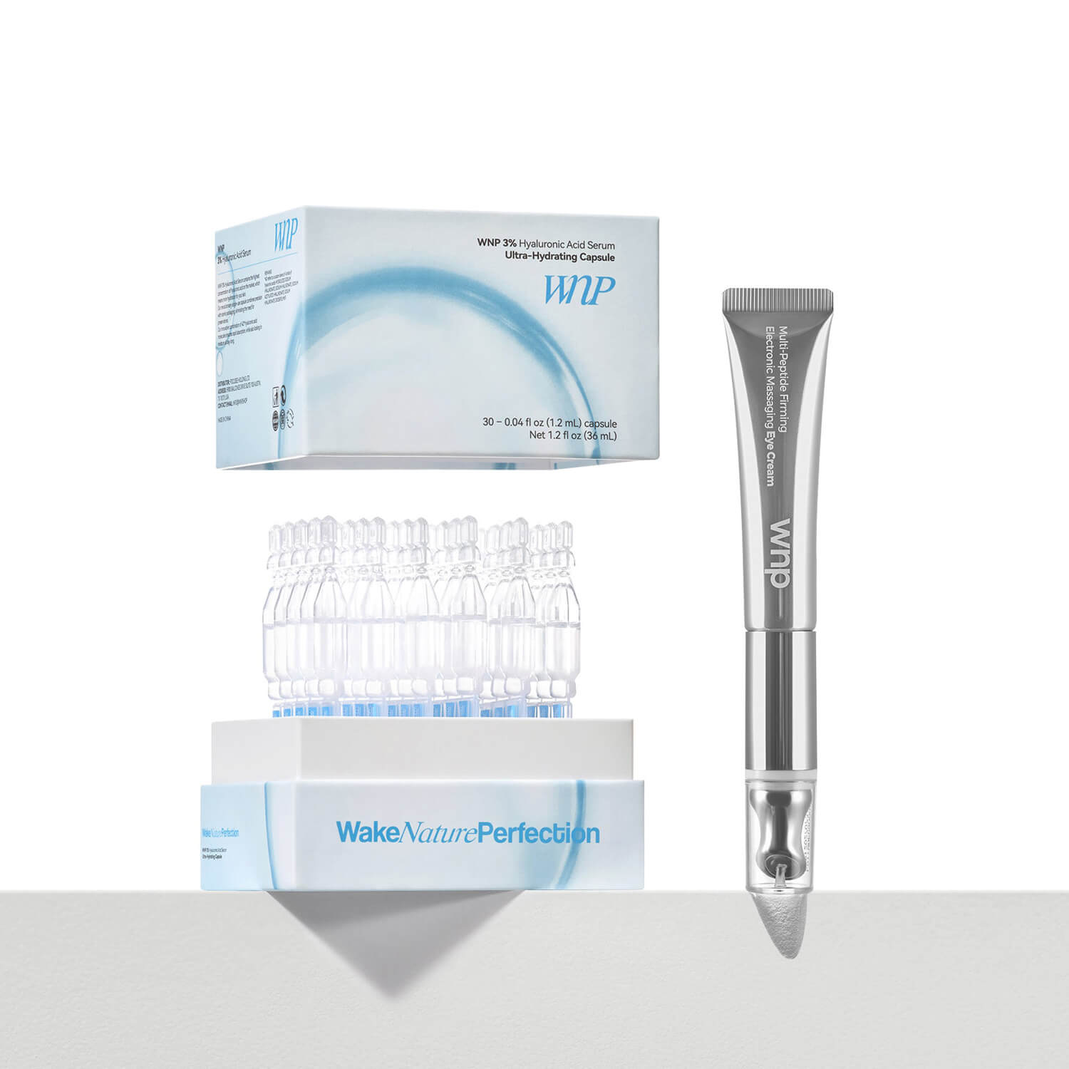 Skincare product set with packaging labeled 'Wake Nature Perfection' on a white background
