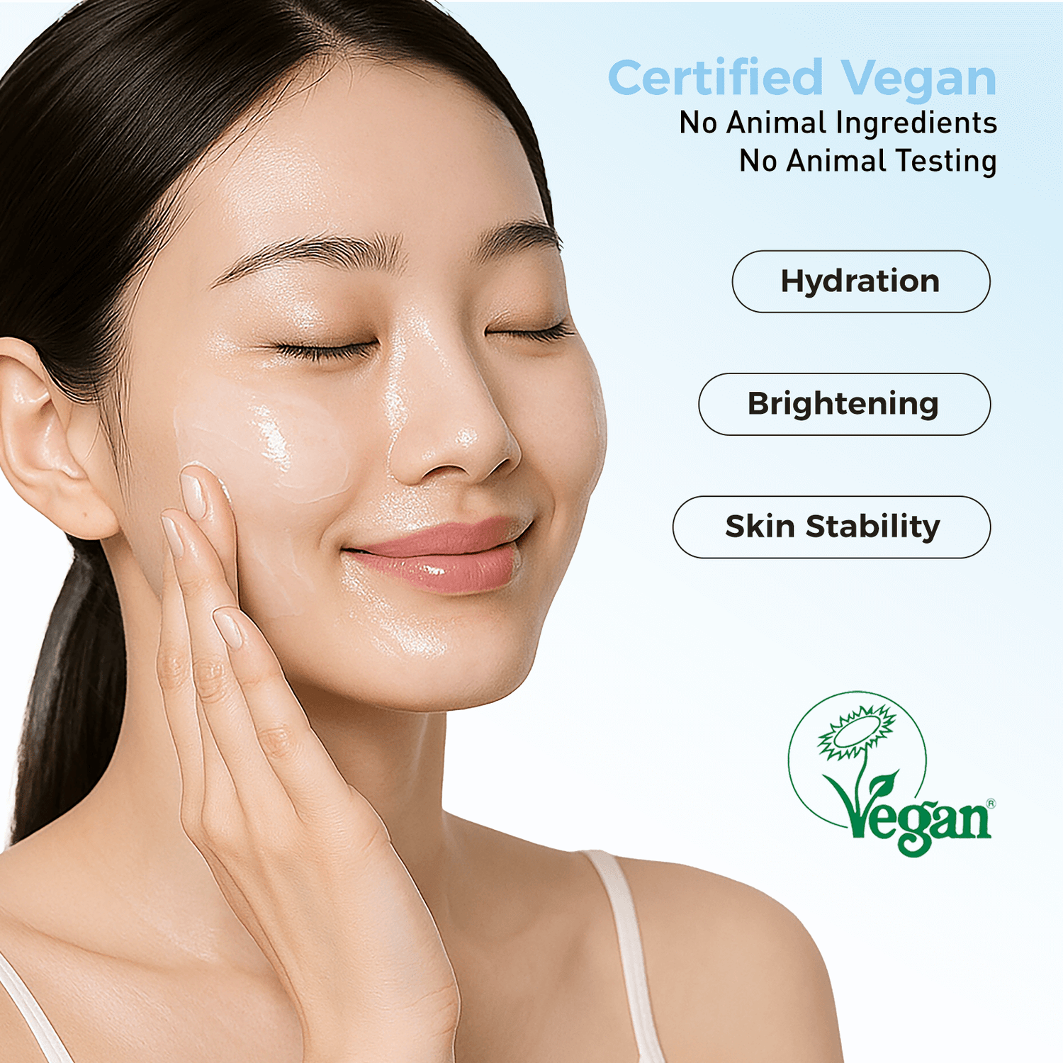 Woman applying skincare product with 'Certified Vegan' label and product benefits listed.