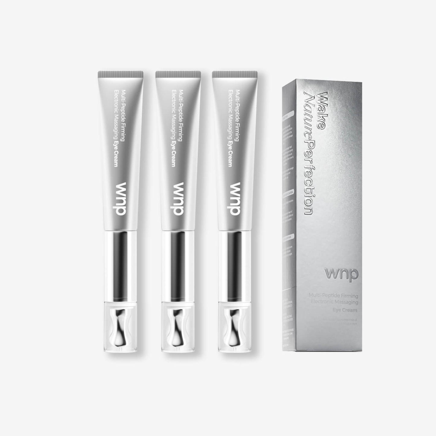 Three eye cream tubes and their packaging on a white background