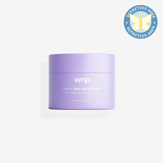 Purple jar of WNP Retinol Anti-Aging Cream with a 'Sensitive Safe' badge.