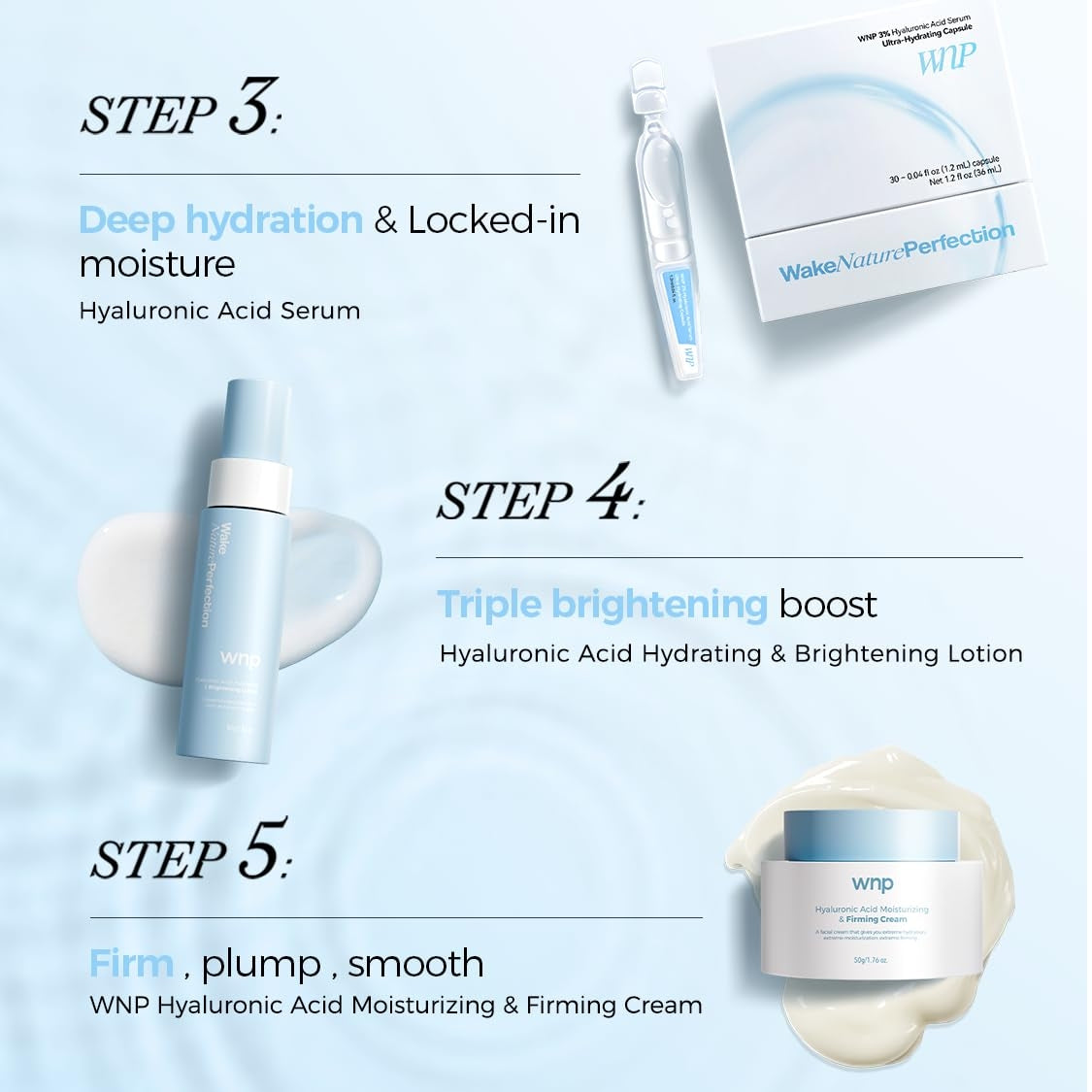 WNP skincare product set with serum, lotion, and cream on a light blue background