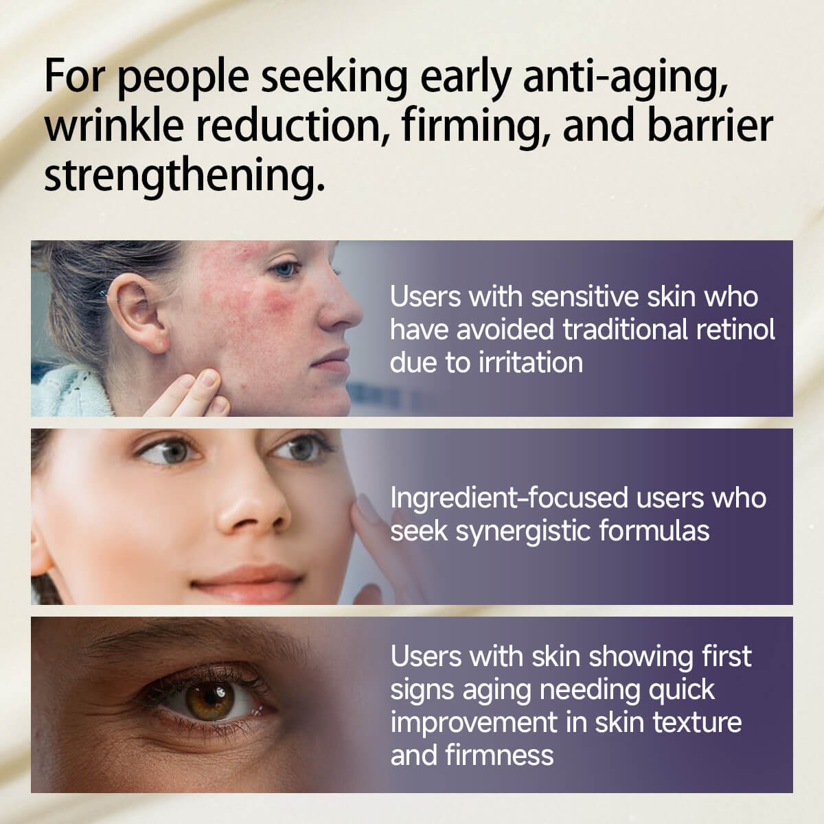 Advertisement for skincare product targeting anti-aging, wrinkle reduction, and barrier strengthening with user testimonials.